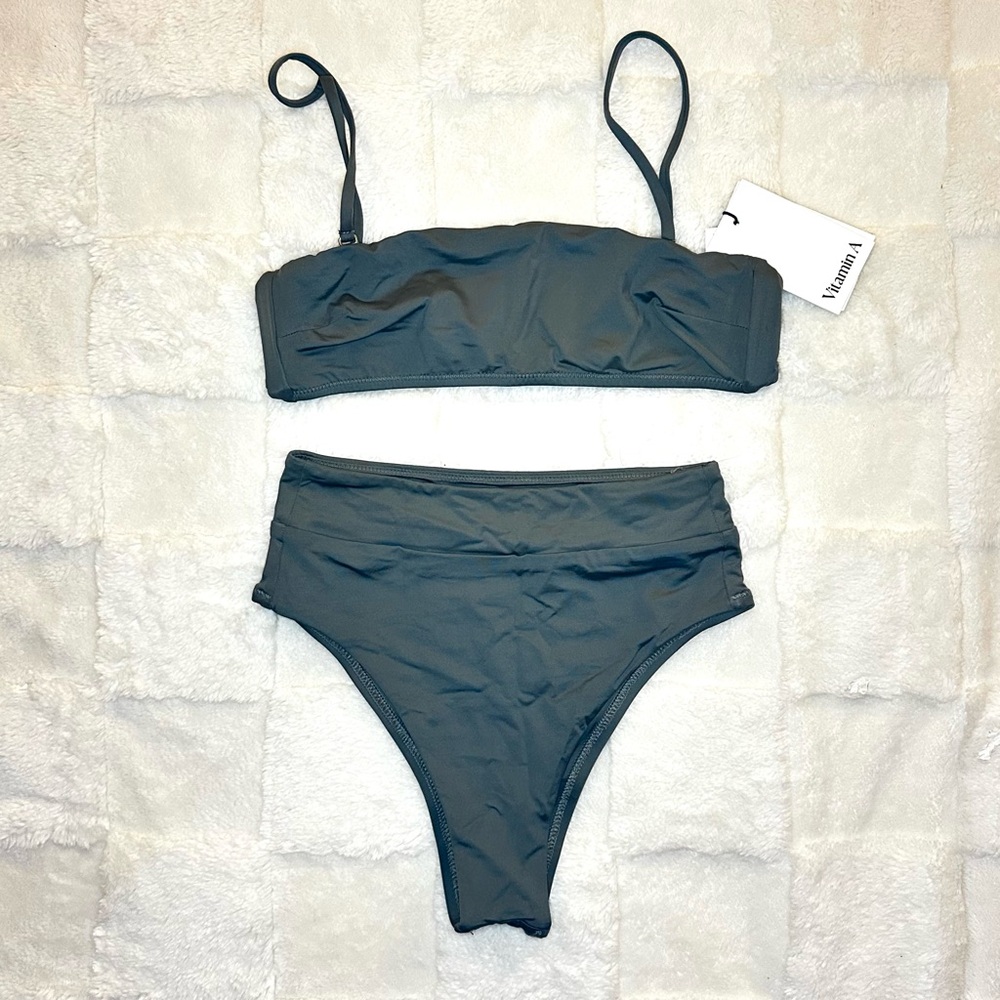New VITAMIN A Bikini Top & Bottom Convertible Bandeau Top, High Waist Swim XS